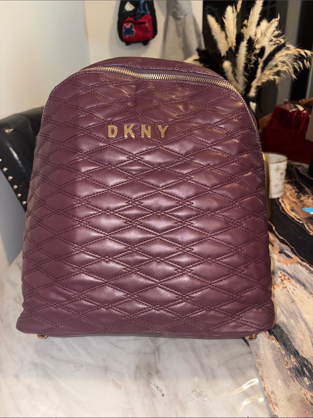 DKNY Quilted Leather Backpack in Plum Burgundy with Gold Hardware
